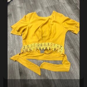 SHEIN Mustard Yellow Lace Trim Blouse